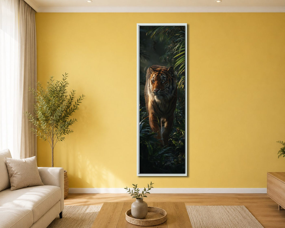 Tiger in the Dark Jungle canvas wall art, white floating frame