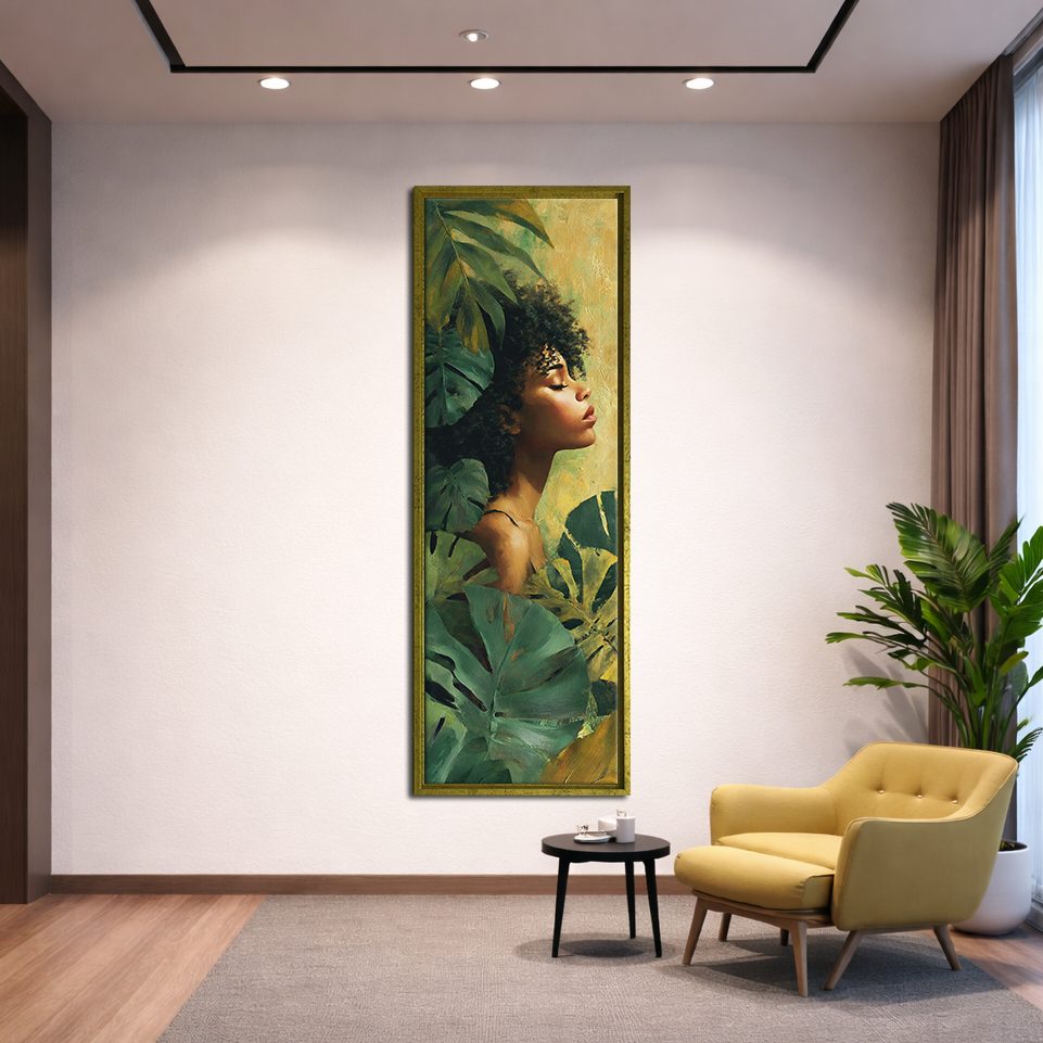 Tropical Woman Portrait with Monstera Leaves canvas wall art, gold floating frame
