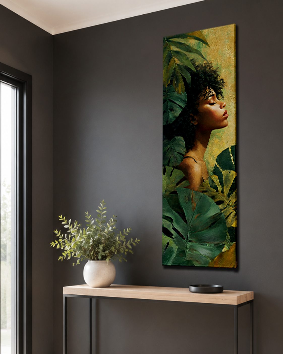 Tropical Woman Portrait with Monstera Leaves canvas wall art, unframed canvas