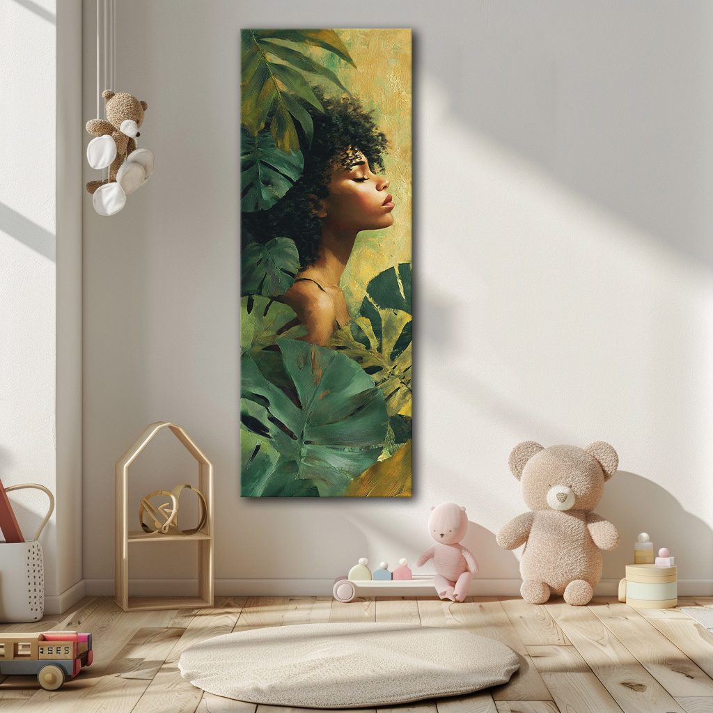 Tropical Woman Portrait with Monstera Leaves canvas wall art, unframed canvas
