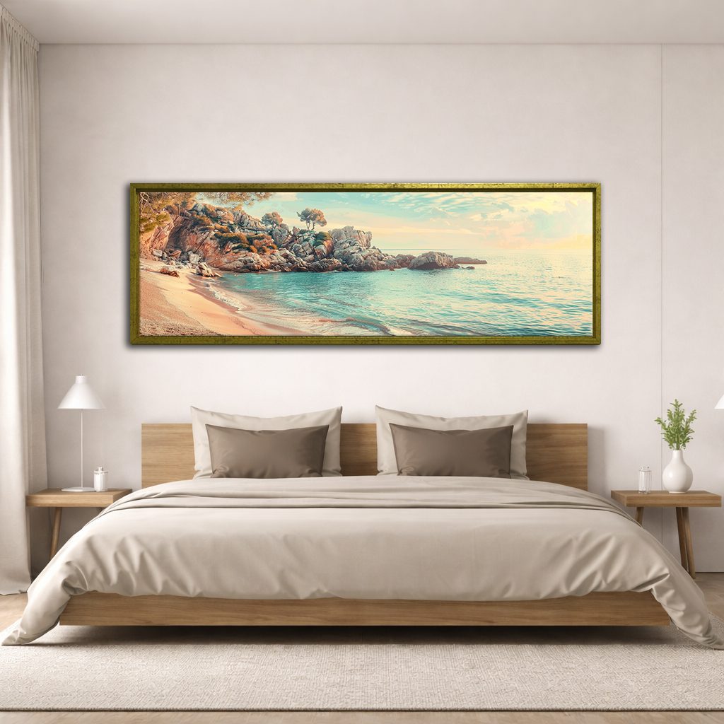 Turquoise Cove Beach canvas wall art, antique gold floating frame