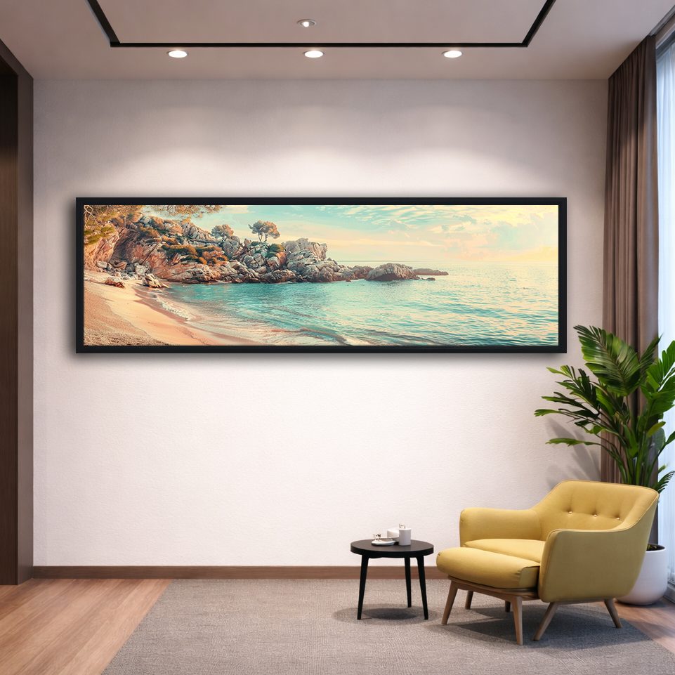 Turquoise Cove Beach canvas wall art, black floating frame