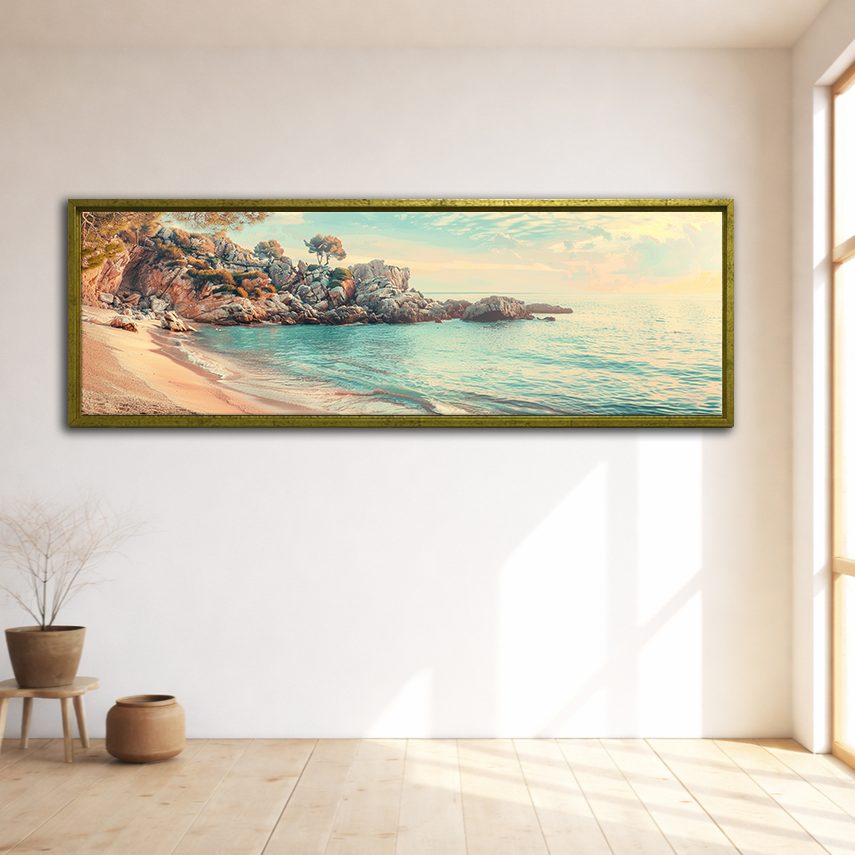 Turquoise Cove Beach canvas wall art, gold floating frame