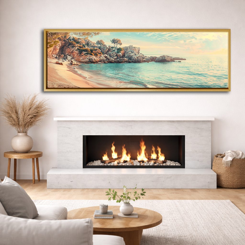 Turquoise Cove Beach canvas wall art, natural wood floating frame