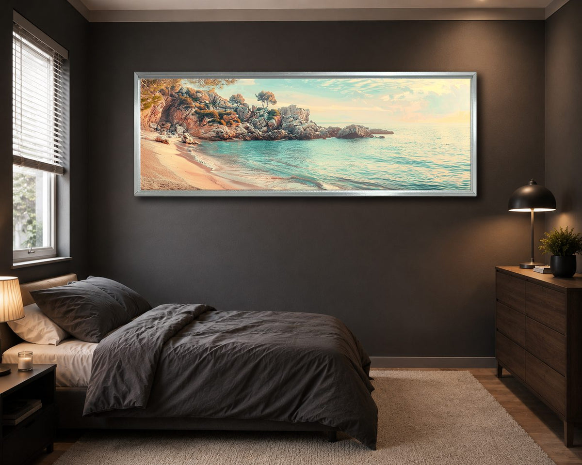 Turquoise Cove Beach canvas wall art, silver floating frame