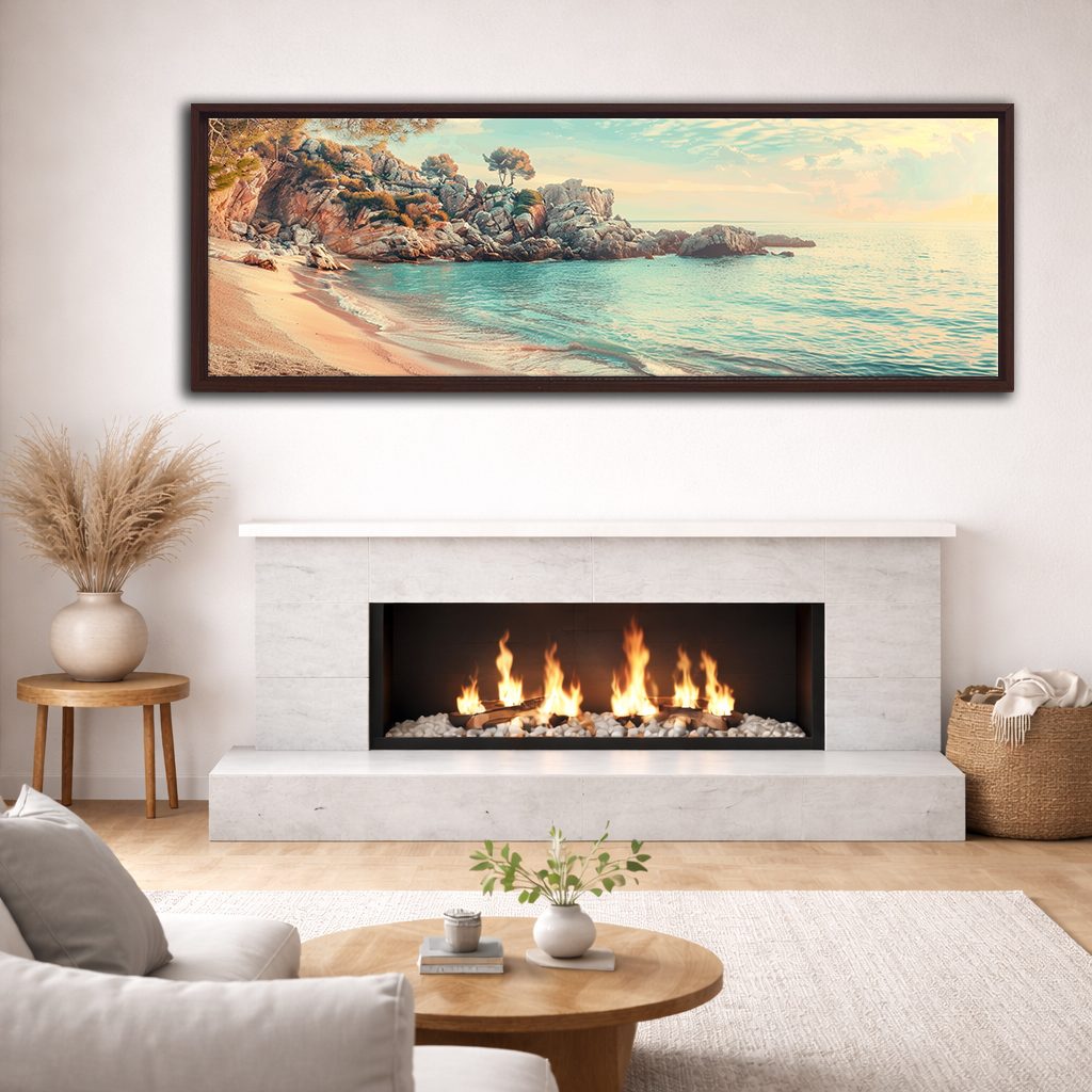 Turquoise Cove Beach canvas wall art, walnut floating frame
