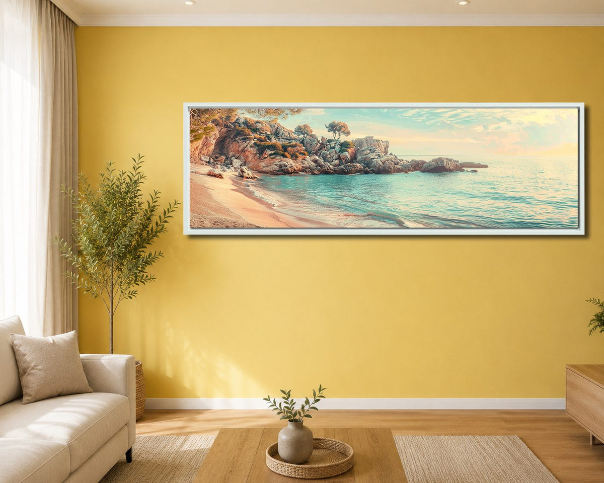 Turquoise Cove Beach canvas wall art, white floating frame