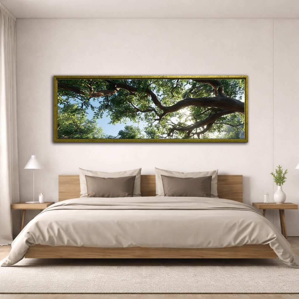 Under the Ancient Tree Canopy canvas wall art, antique gold floating frame