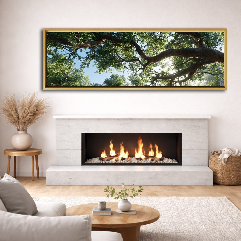 Under the Ancient Tree Canopy canvas wall art, natural wood floating frame