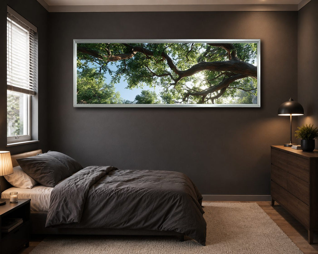 Under the Ancient Tree Canopy canvas wall art, silver floating frame
