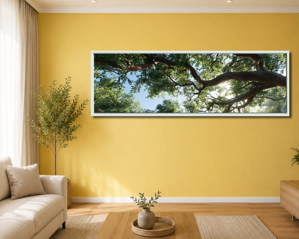 Under the Ancient Tree Canopy canvas wall art, white floating frame
