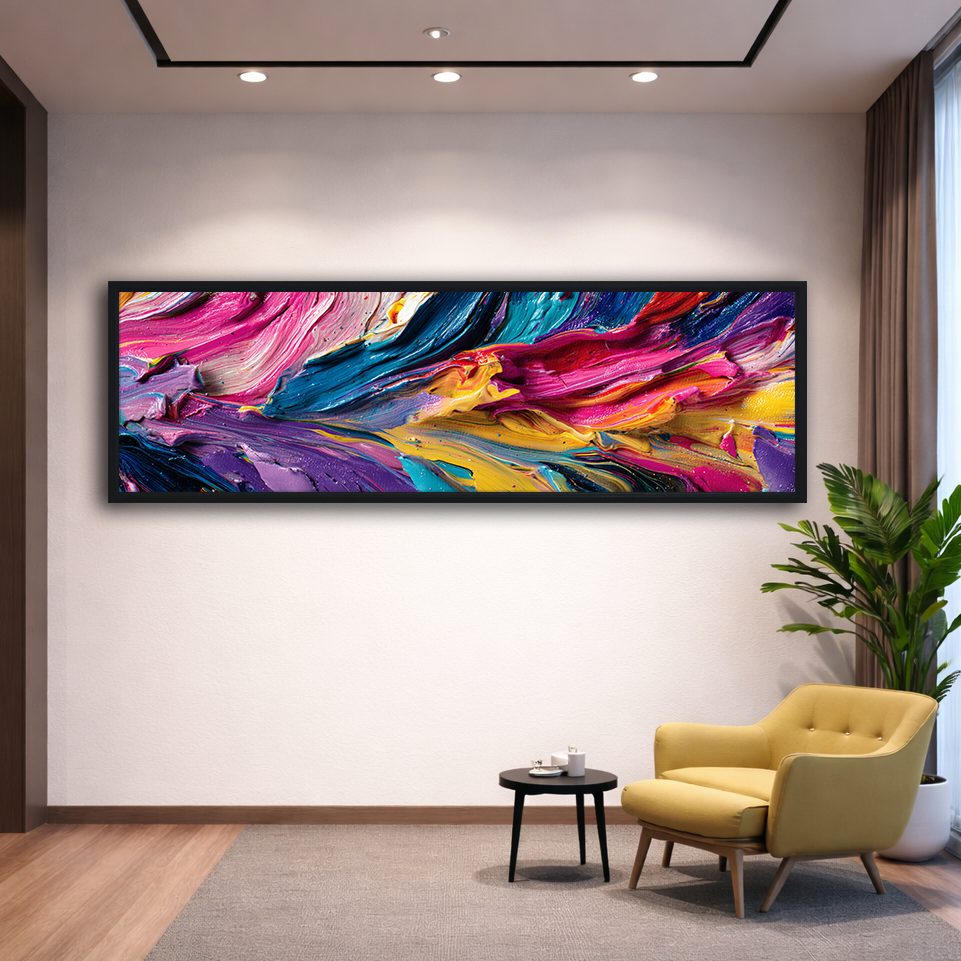 Vibrant Pink and Blue Impasto Abstract canvas wall art, black floating frame