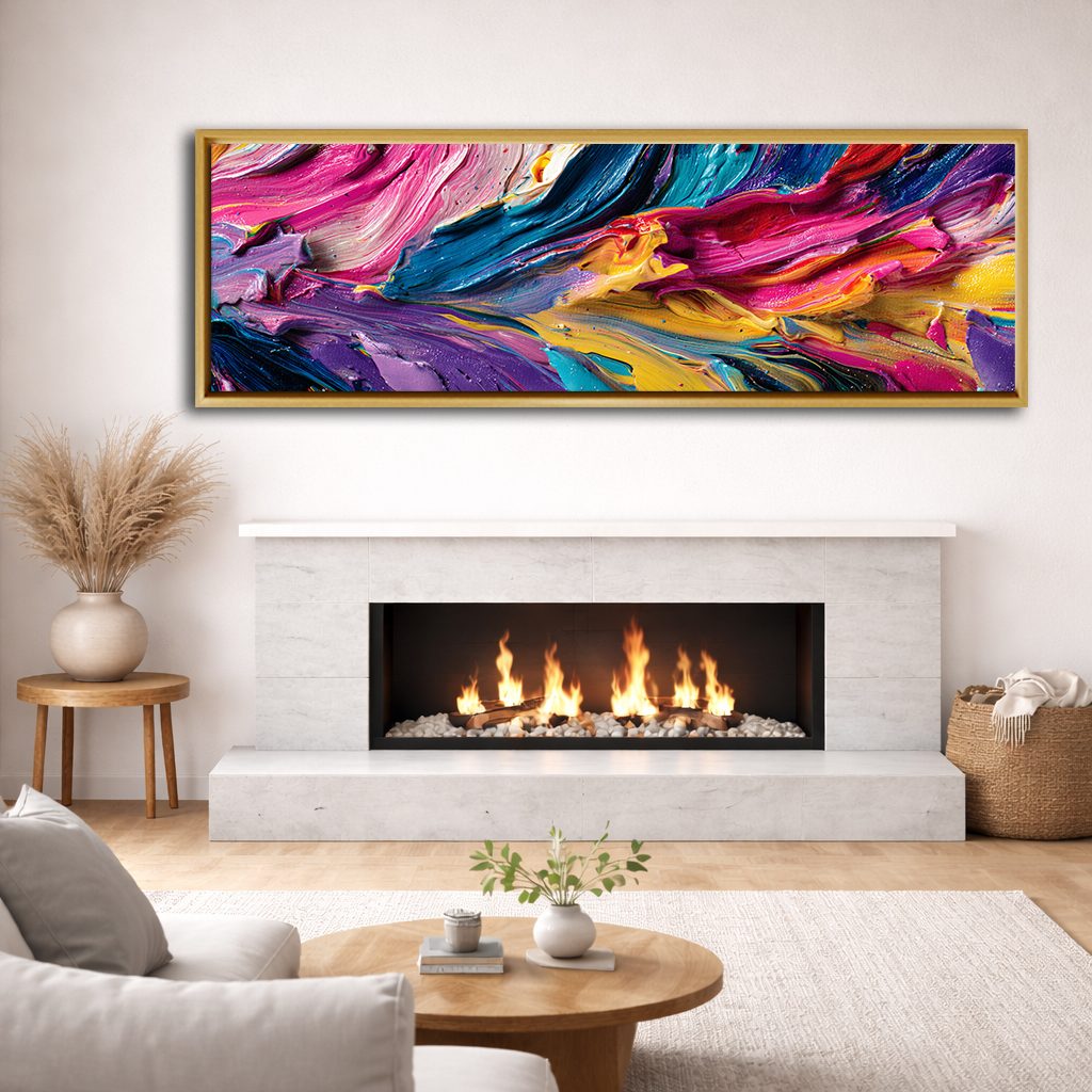 Vibrant Pink and Blue Impasto Abstract canvas wall art, natural wood floating frame