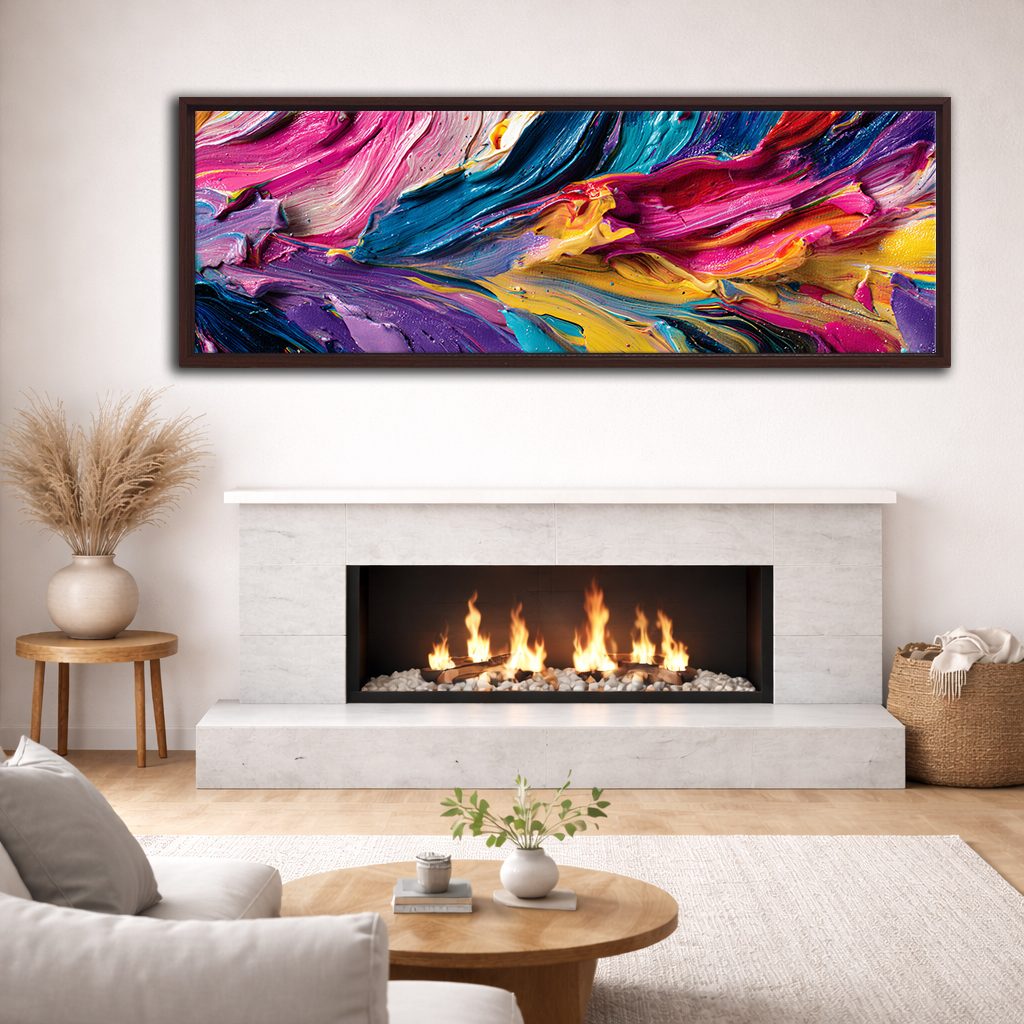 Vibrant Pink and Blue Impasto Abstract canvas wall art, walnut floating frame