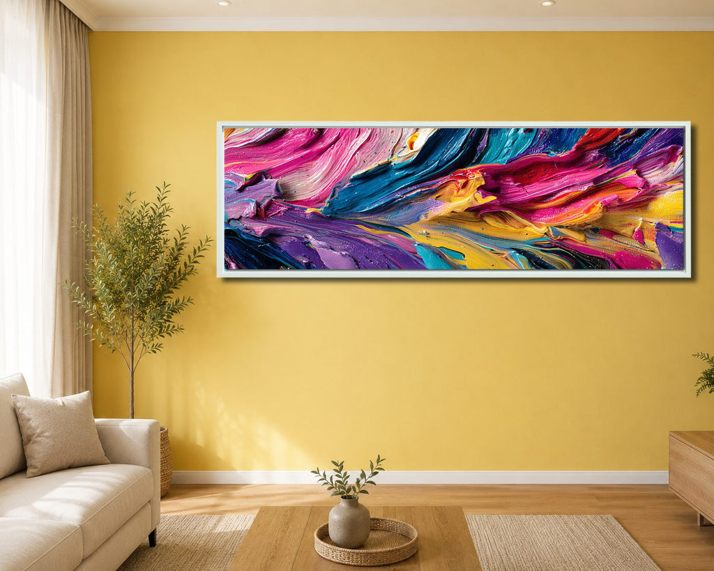 Vibrant Pink and Blue Impasto Abstract canvas wall art, white floating frame
