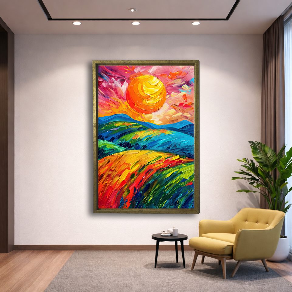 Vibrant Sun over Rolling Hills canvas wall art, gold floating frame