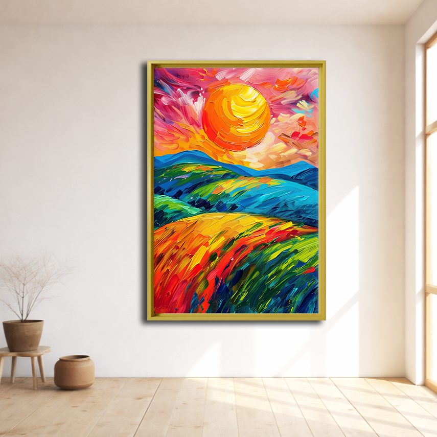 Vibrant Sun over Rolling Hills canvas wall art, natural wood floating frame