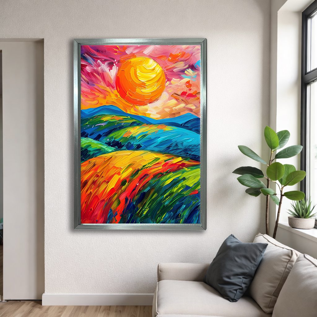 Vibrant Sun over Rolling Hills canvas wall art, silver floating frame