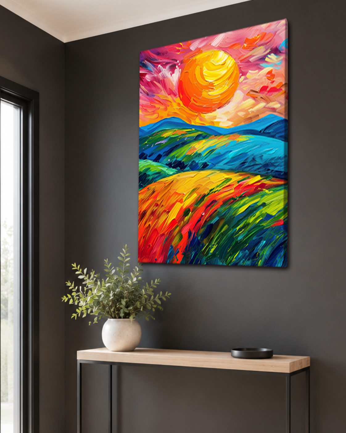 Vibrant Sun over Rolling Hills canvas wall art, unframed canvas