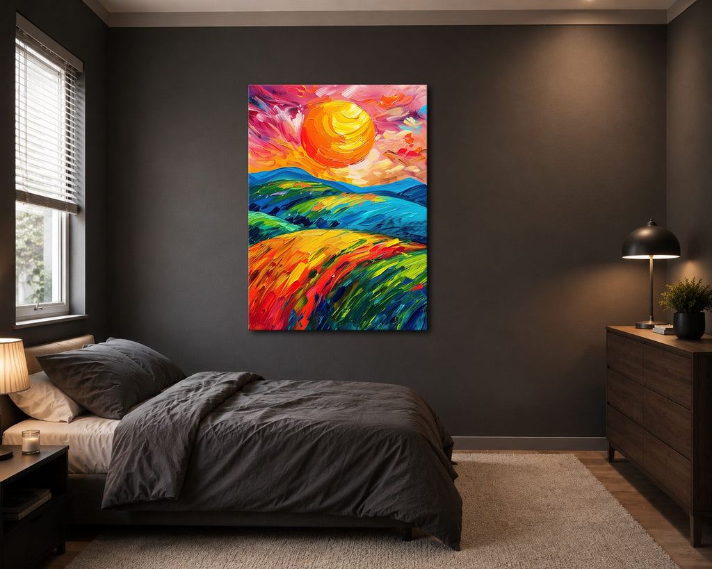 Vibrant Sun over Rolling Hills canvas wall art, unframed canvas