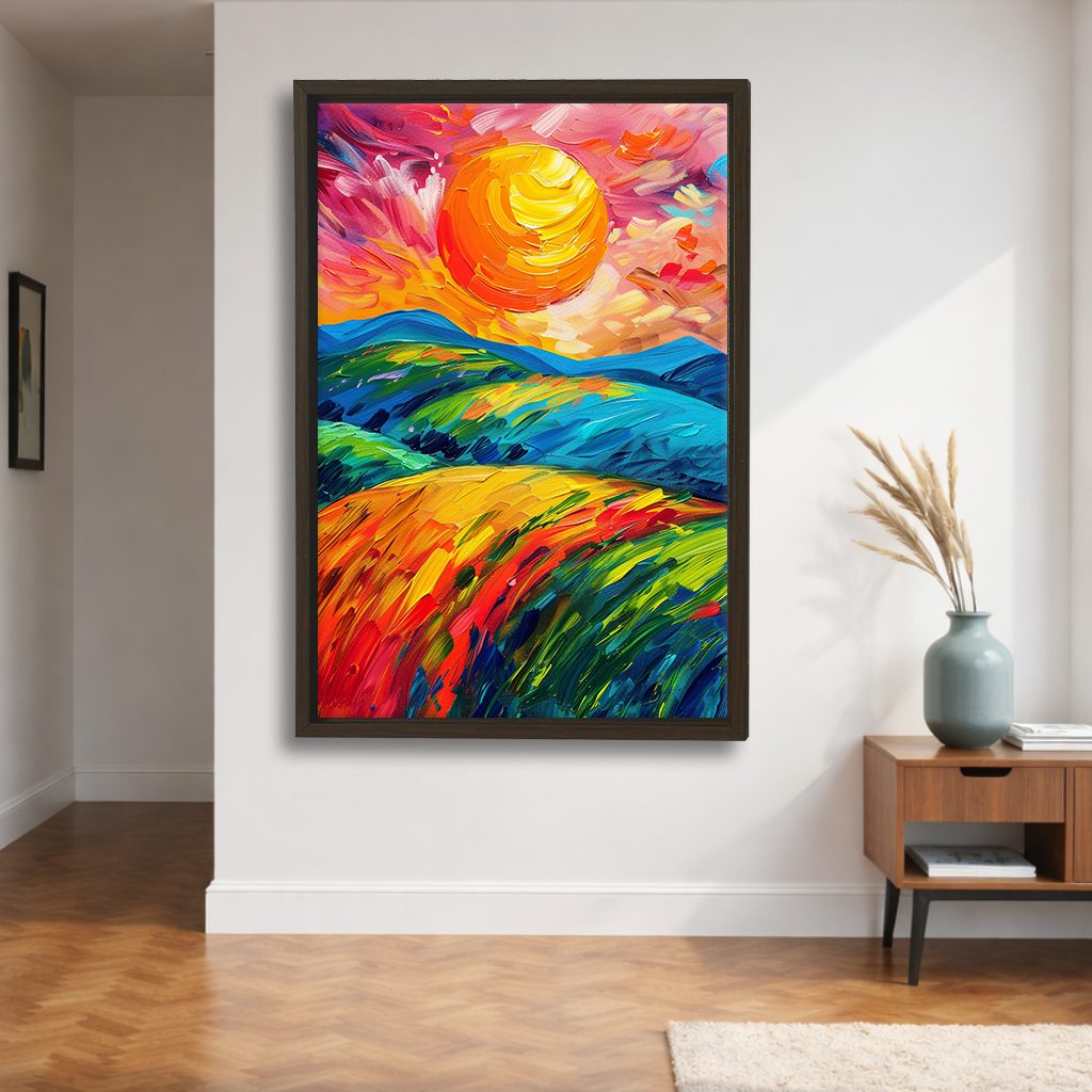 Vibrant Sun over Rolling Hills canvas wall art, walnut floating frame
