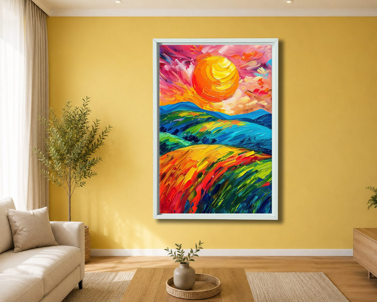 Vibrant Sun over Rolling Hills canvas wall art, white floating frame