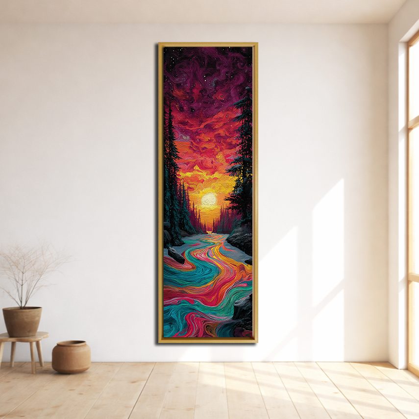 Vibrant Sunset River Forest canvas wall art, natural wood floating frame