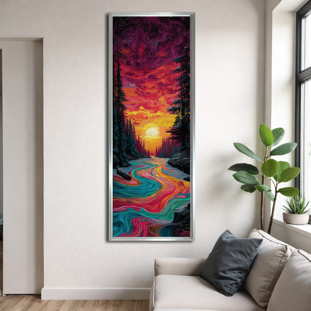 Vibrant Sunset River Forest canvas wall art, silver floating frame