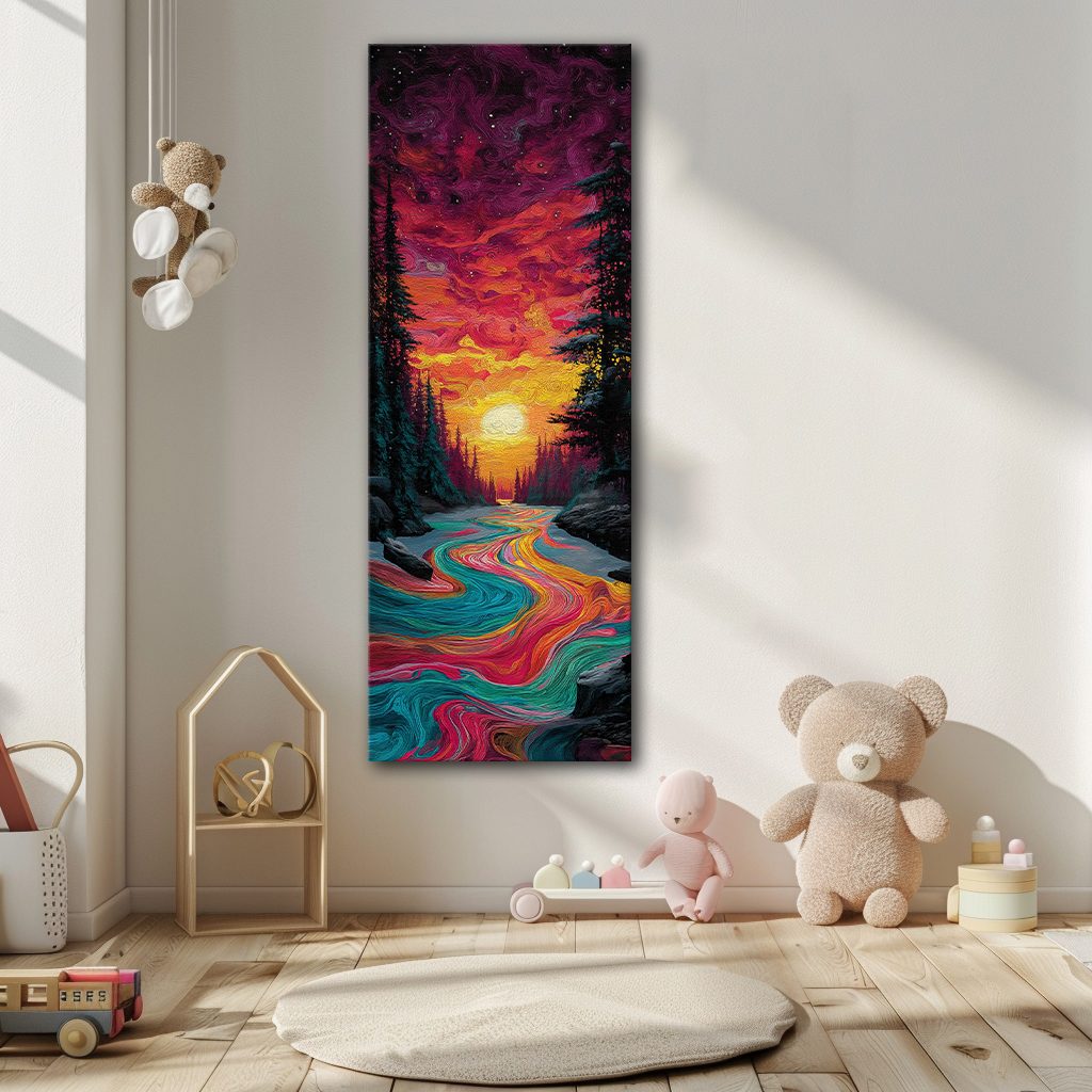 Vibrant Sunset River Forest canvas wall art, unframed canvas