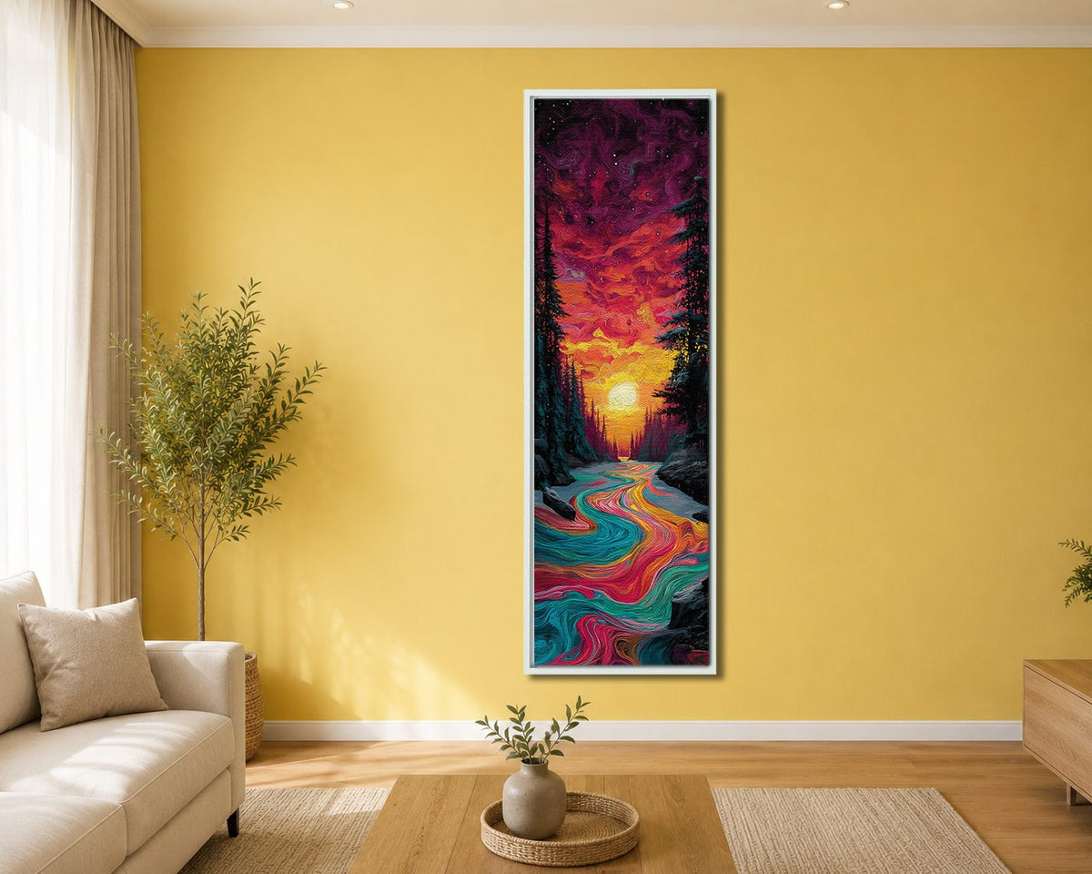 Vibrant Sunset River Forest canvas wall art, white floating frame