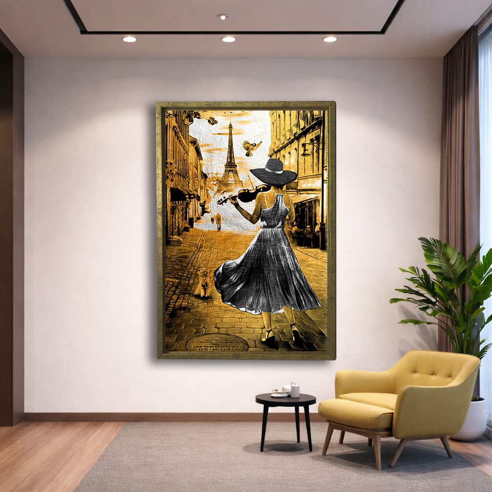 Violinist Woman in Paris Gold canvas wall art, gold floating frame