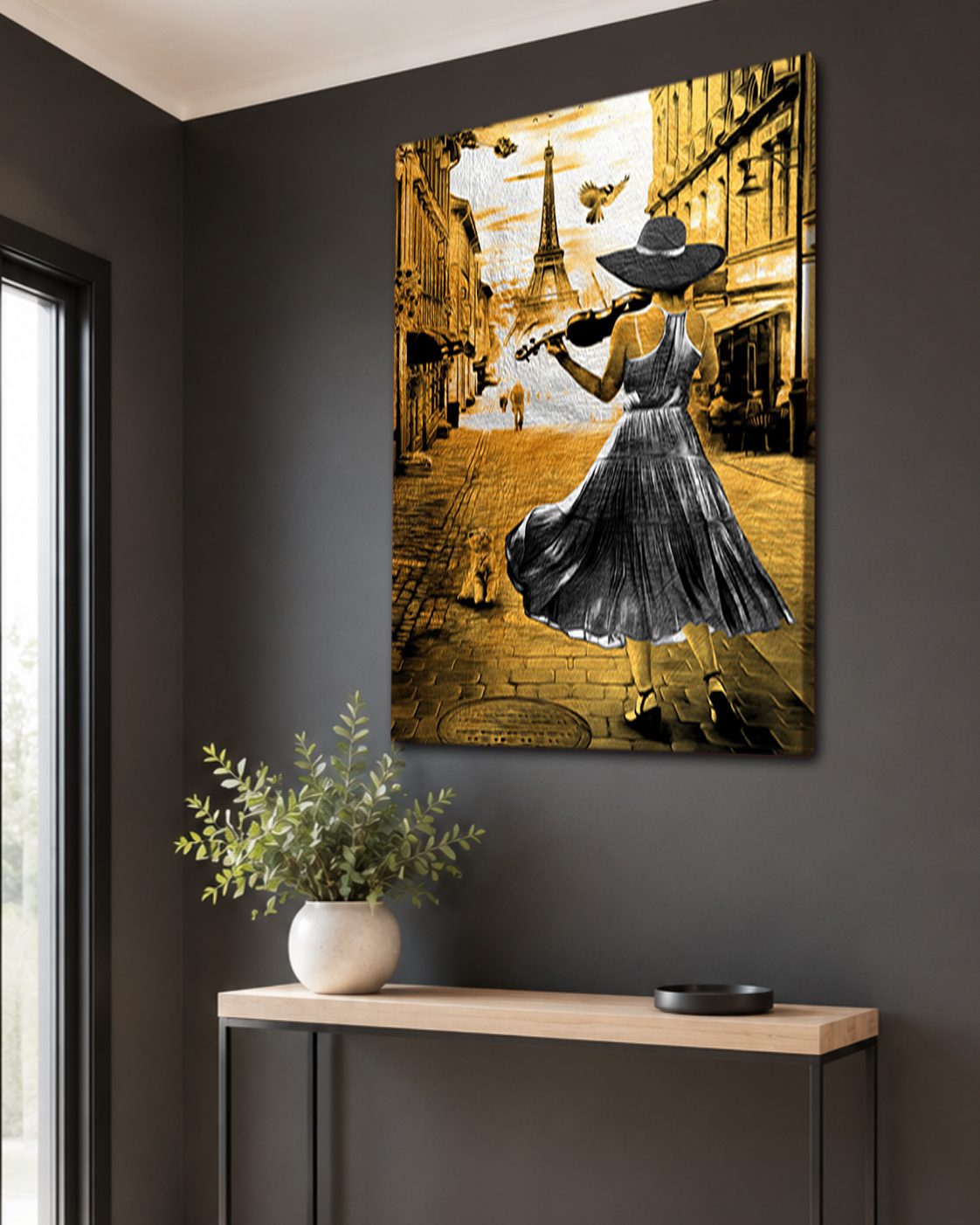 Violinist Woman in Paris Gold canvas wall art, unframed canvas