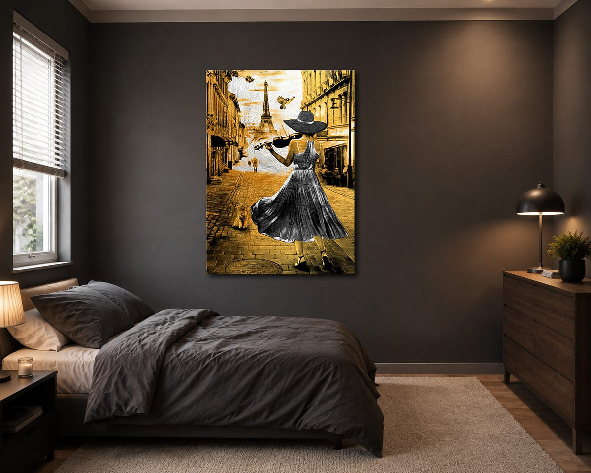 Violinist Woman in Paris Gold canvas wall art, unframed canvas