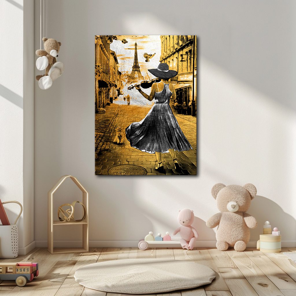 Violinist Woman in Paris Gold canvas wall art, unframed canvas