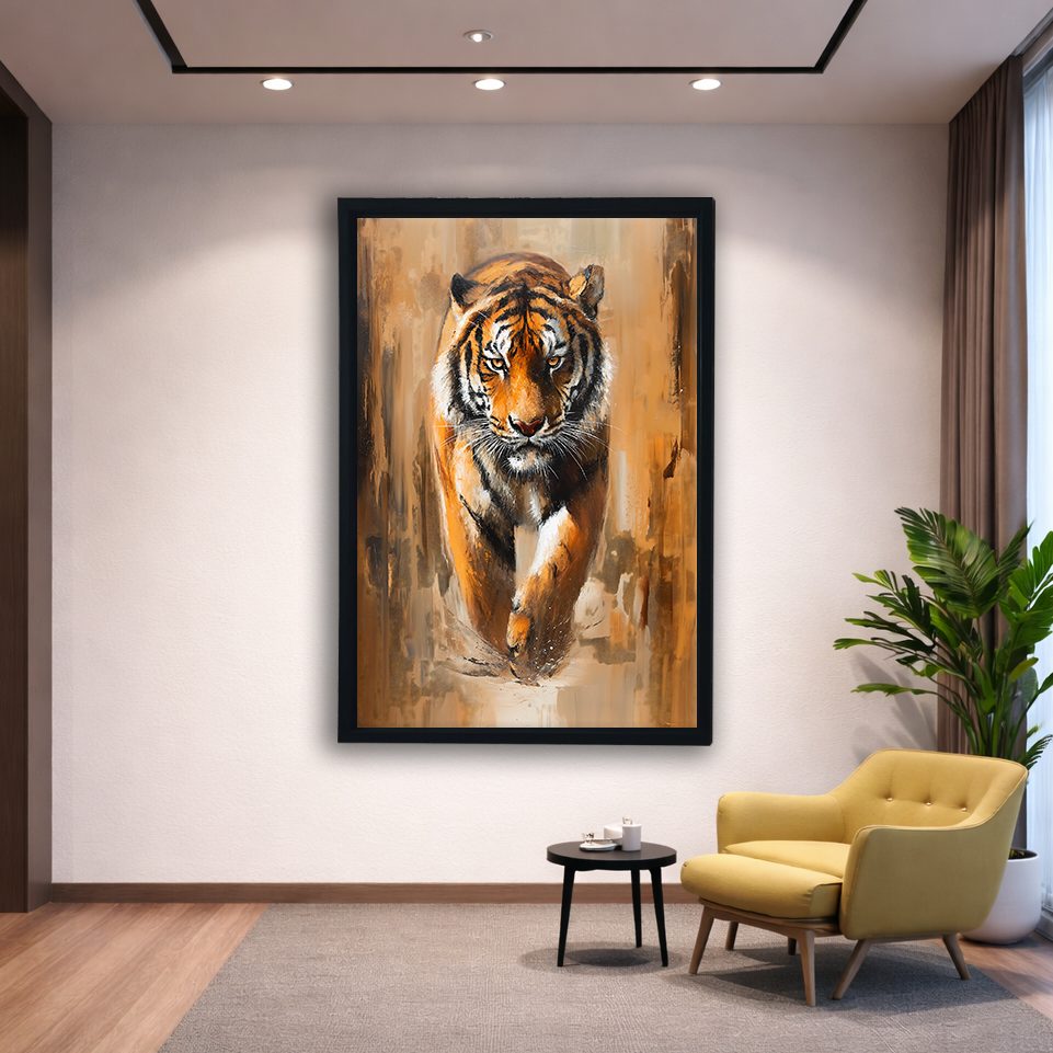 Walking Tiger Painting canvas wall art, black floating frame