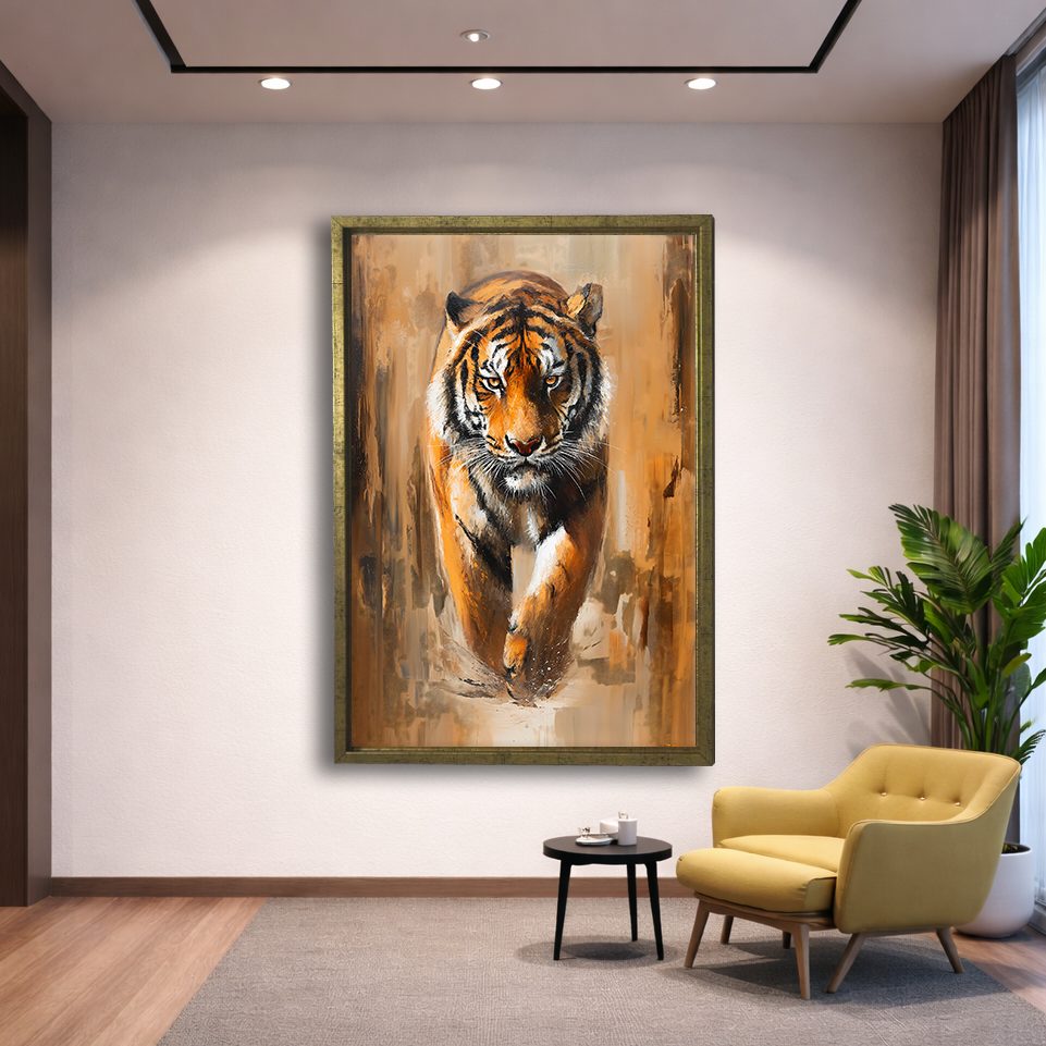 Walking Tiger Painting canvas wall art, gold floating frame