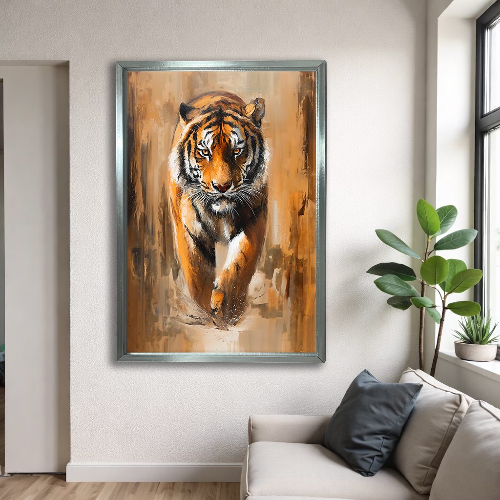 Walking Tiger Painting canvas wall art, silver floating frame