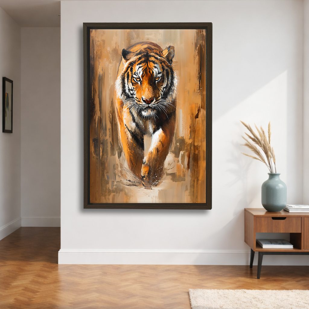 Walking Tiger Painting canvas wall art, walnut floating frame