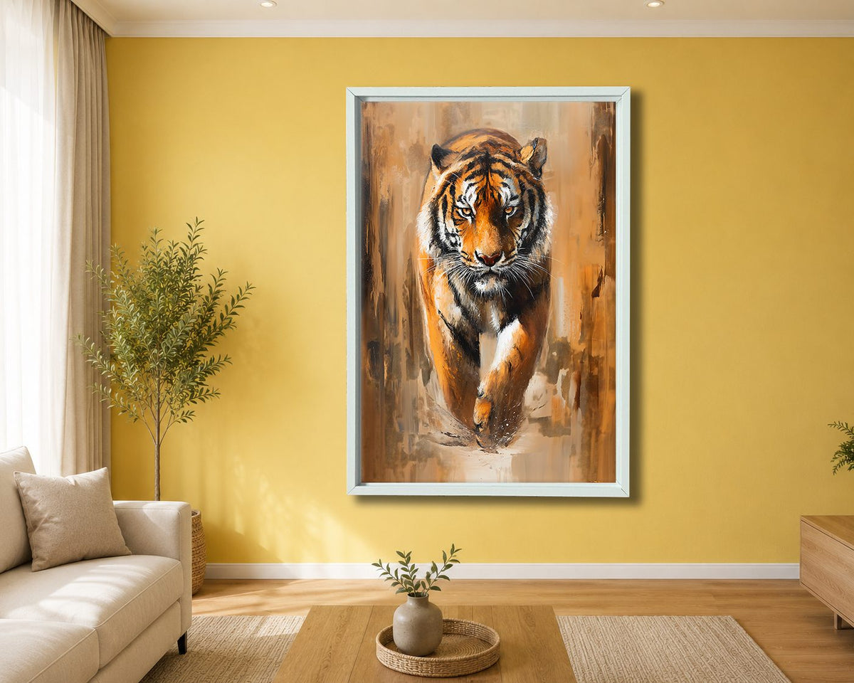 Walking Tiger Painting canvas wall art, white floating frame
