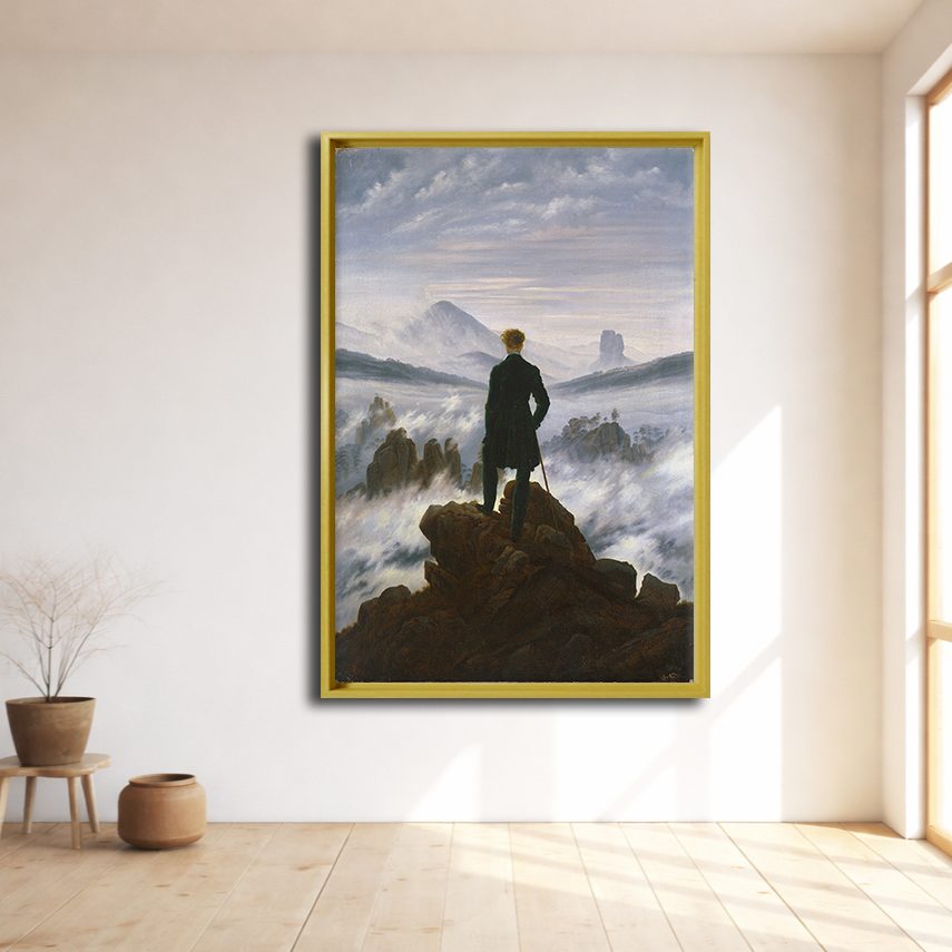 Wanderer above the Sea of Fog by Caspar David Friedrich canvas wall art, natural wood floating frame