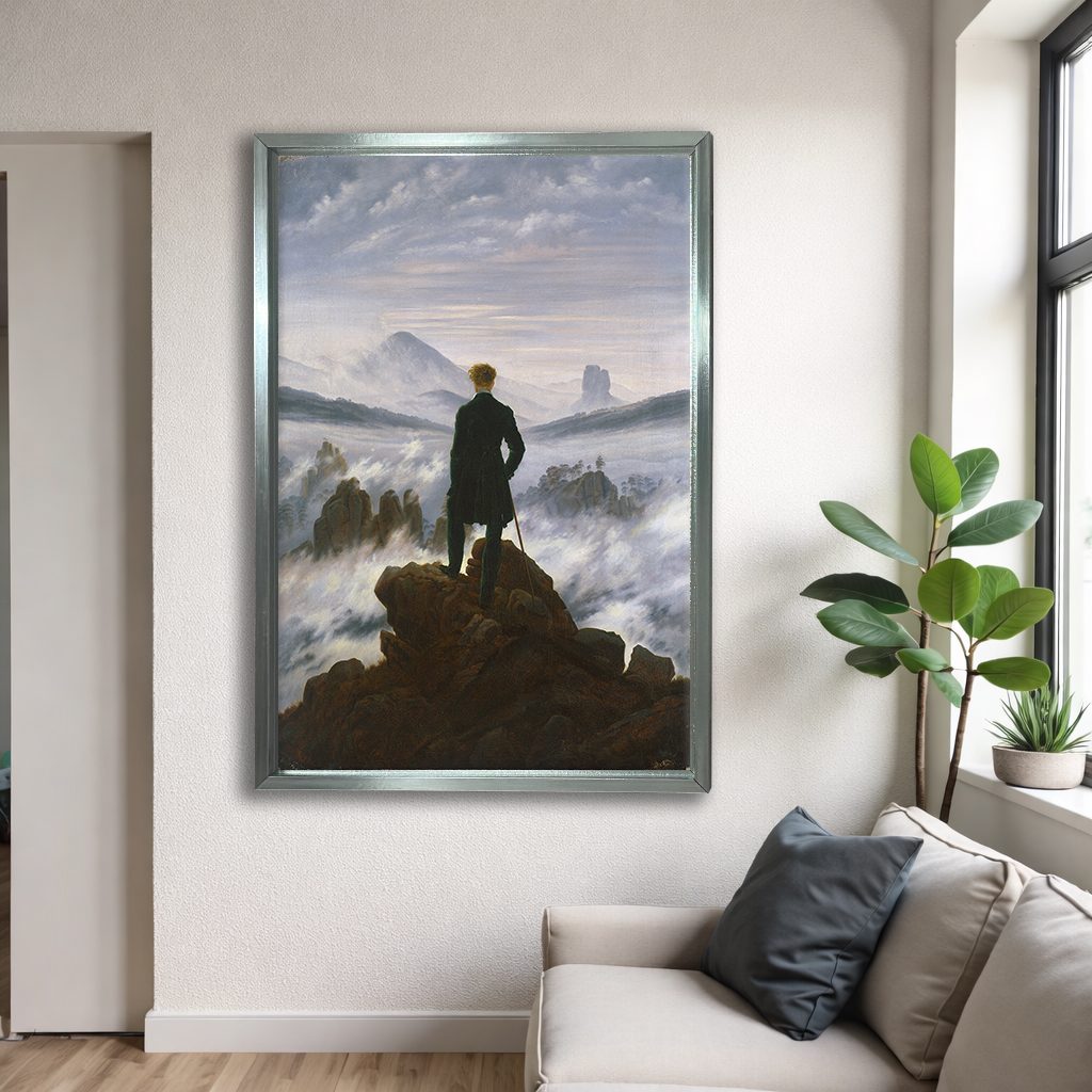 Wanderer above the Sea of Fog by Caspar David Friedrich canvas wall art, silver floating frame
