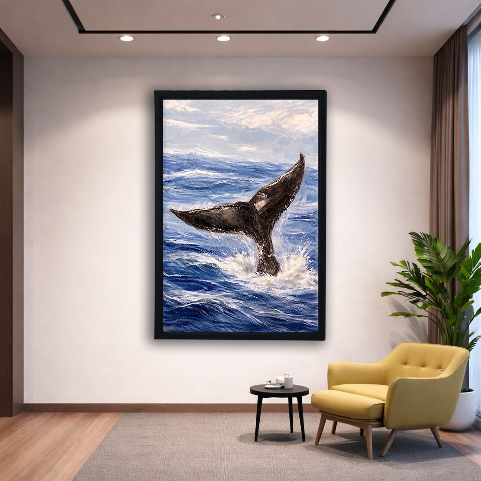 Whale Tail in Ocean Waves canvas wall art, black floating frame