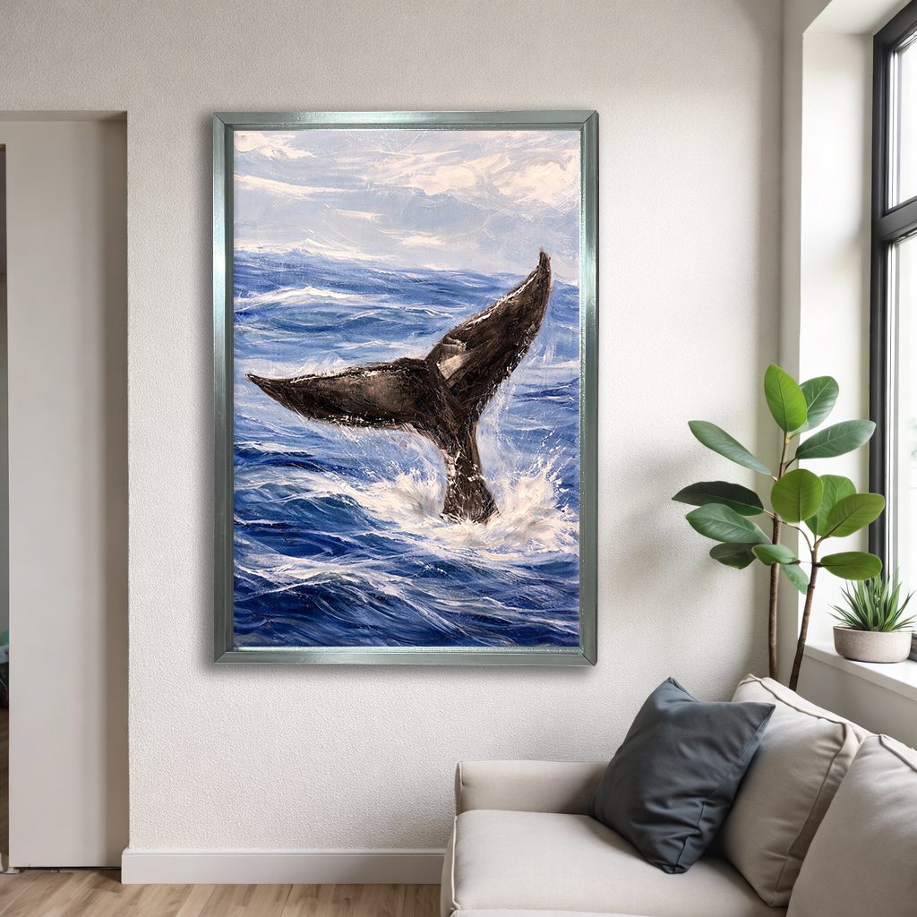 Whale Tail in Ocean Waves canvas wall art, silver floating frame