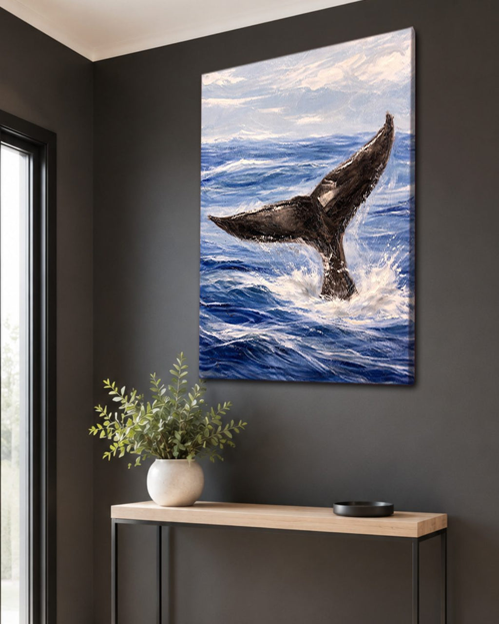 Whale Tail in Ocean Waves canvas wall art, unframed canvas