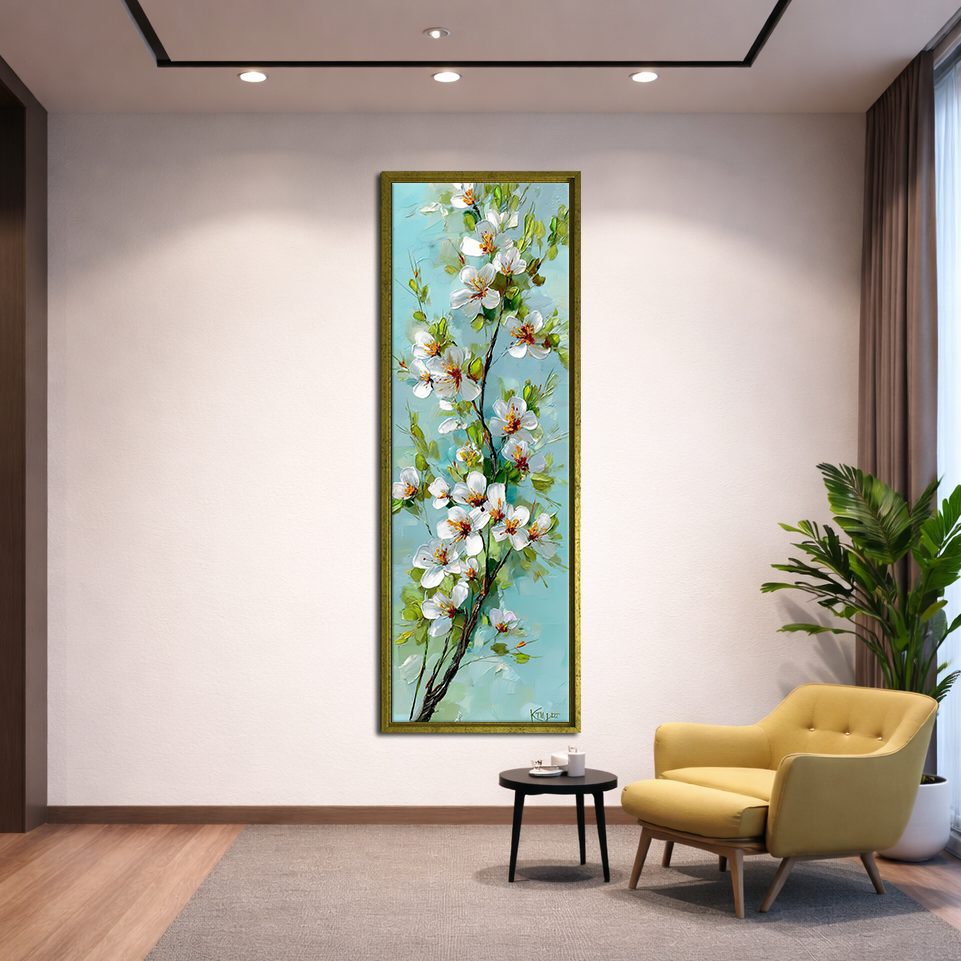 White Apple Blossom Branch on Turquoise canvas wall art, gold floating frame
