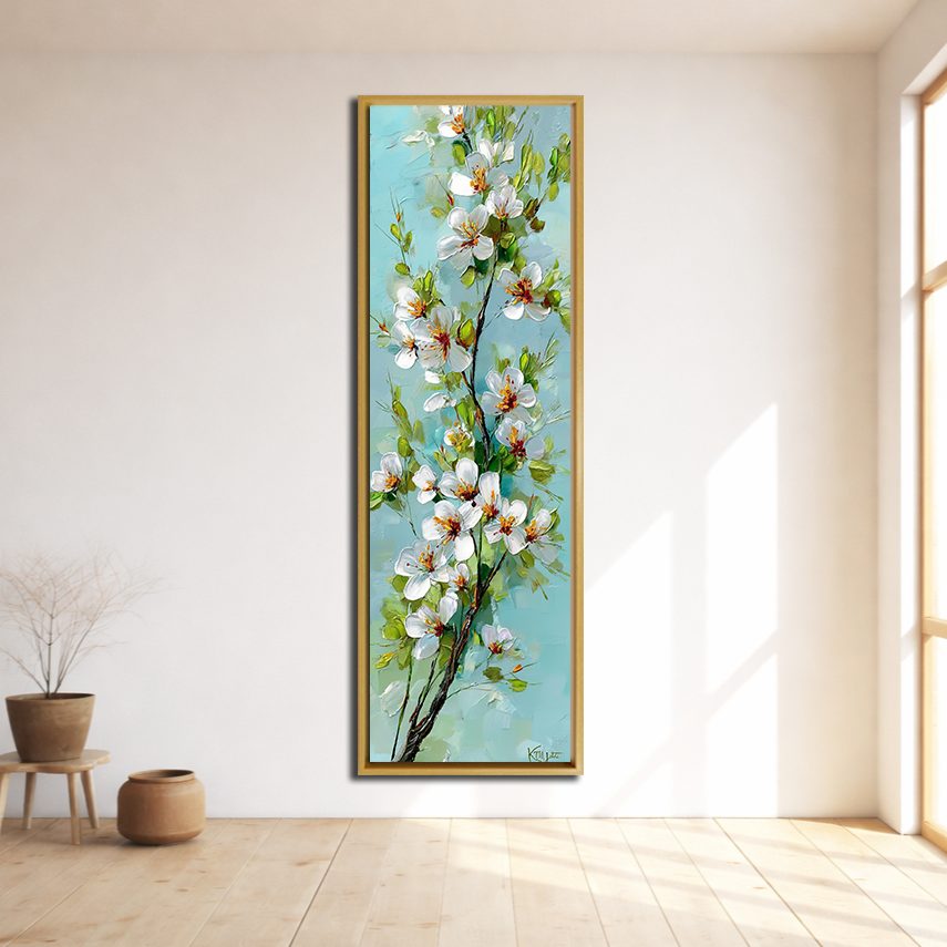White Apple Blossom Branch on Turquoise canvas wall art, natural wood floating frame