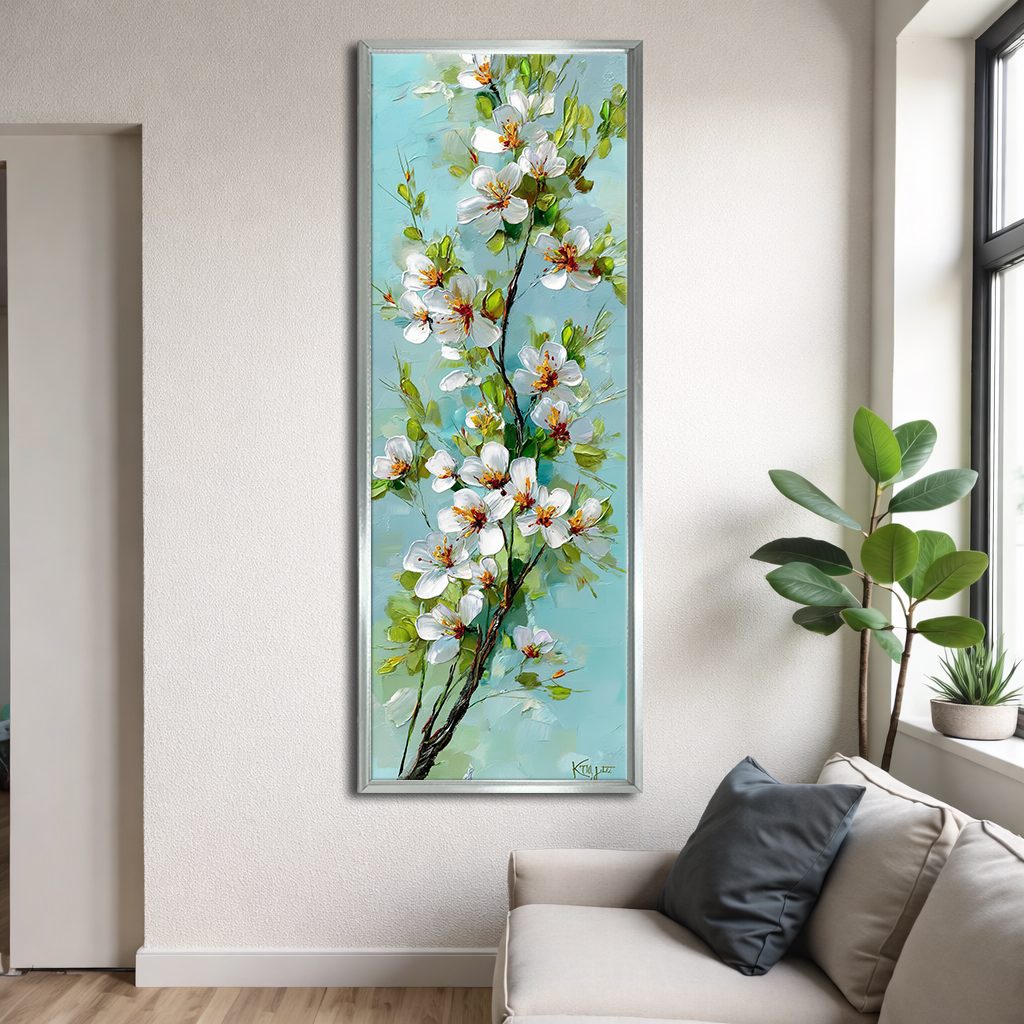 White Apple Blossom Branch on Turquoise canvas wall art, silver floating frame