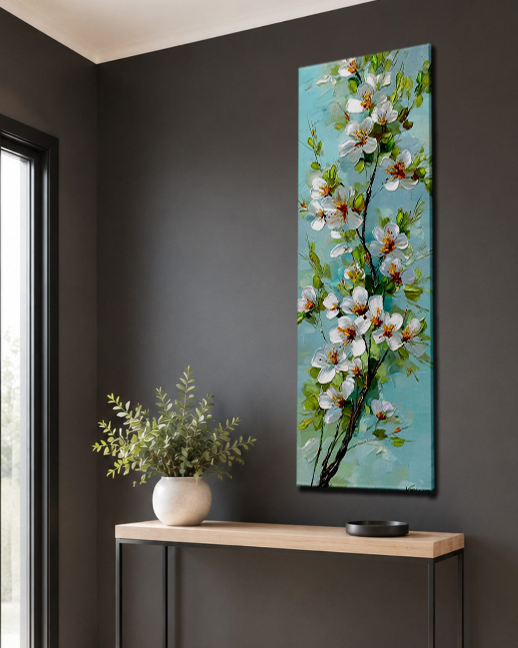 White Apple Blossom Branch on Turquoise canvas wall art, unframed canvas