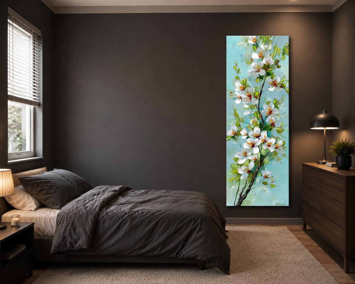 White Apple Blossom Branch on Turquoise canvas wall art, unframed canvas