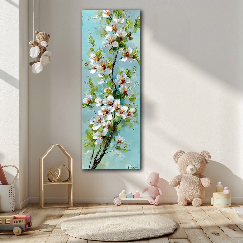 White Apple Blossom Branch on Turquoise canvas wall art, unframed canvas
